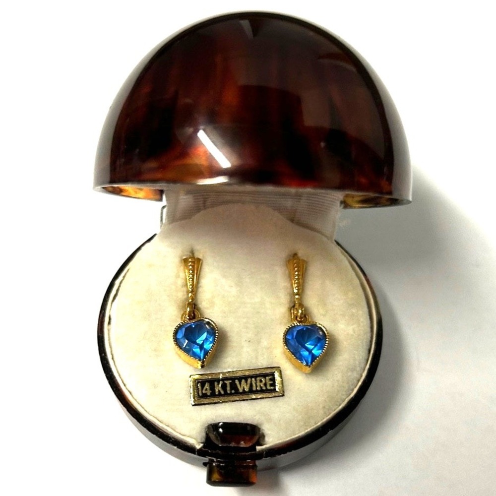 Vintage 14K Gold Wire Blue Heart Earrings Spain Gold Blue Heart